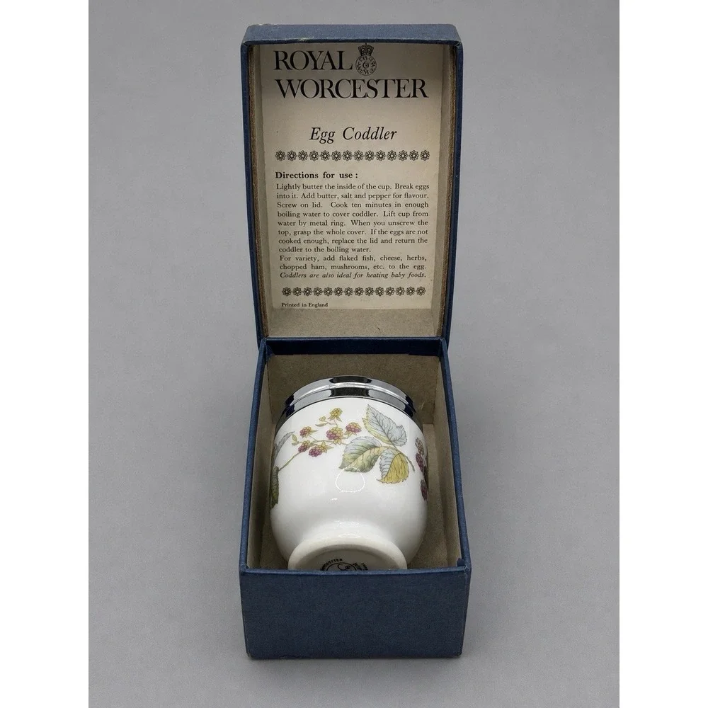Vintage Royal Worcester Egg Coddler Blackberry Floral Chrome Lid w/original Box.